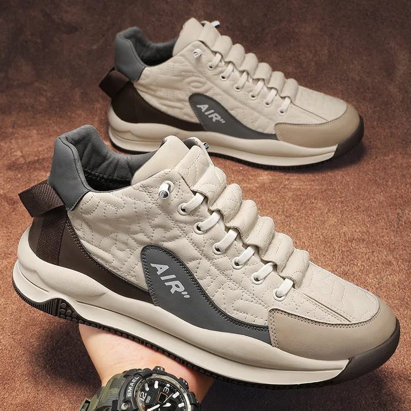 Men's sport platform heightening shoes in beige artificial PU with chunky sole, daddy-shoe style