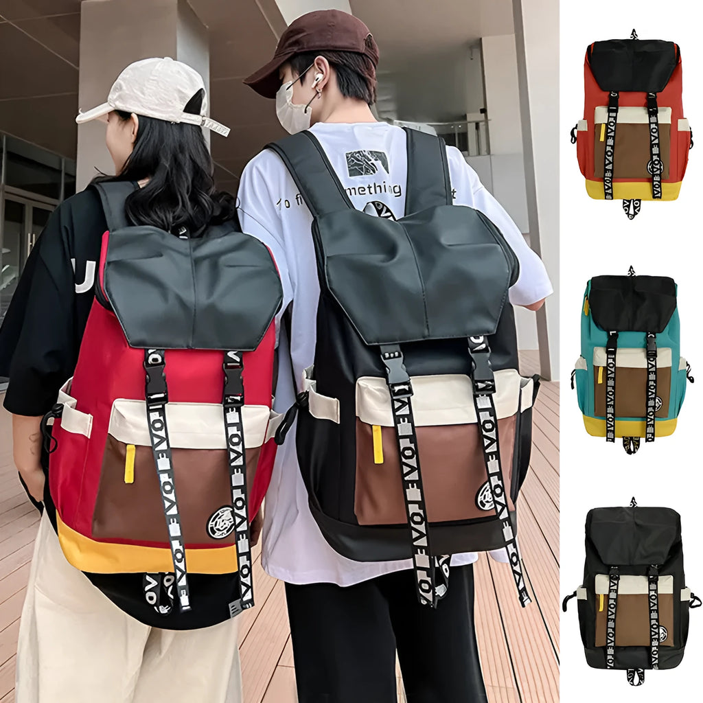 Oxford cloth school backpack showing black, green and red colour options with handheld and shoulder straps