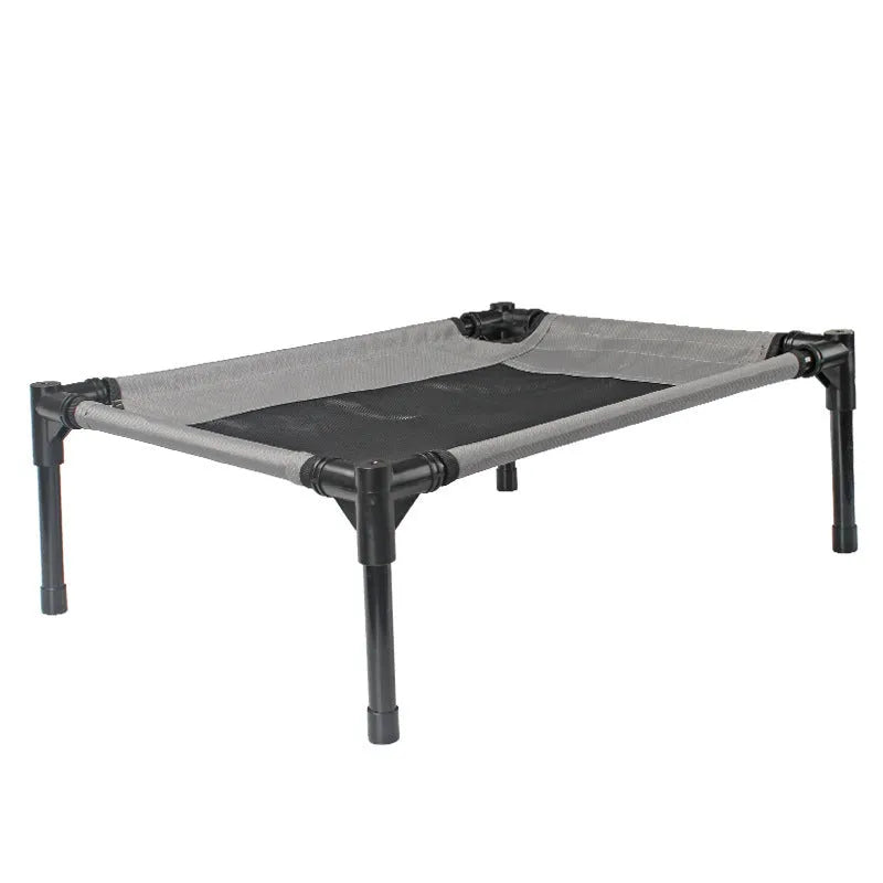 Black outdoor dog bed with removable Oxford cloth cover and steel frame, 55cm x 43cm