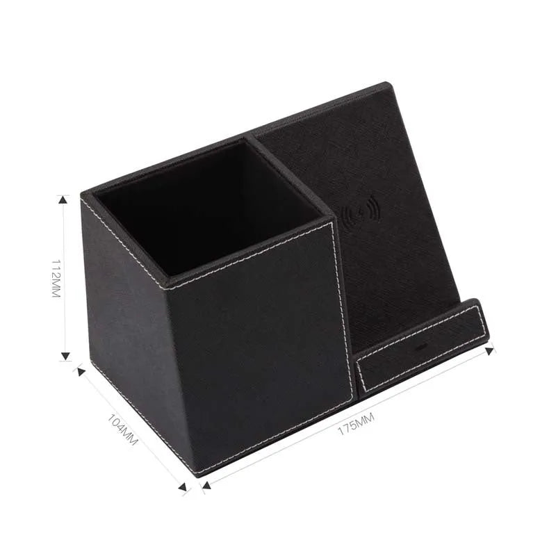 Black leather wireless charging station with pen holder compartment and phone charging surface