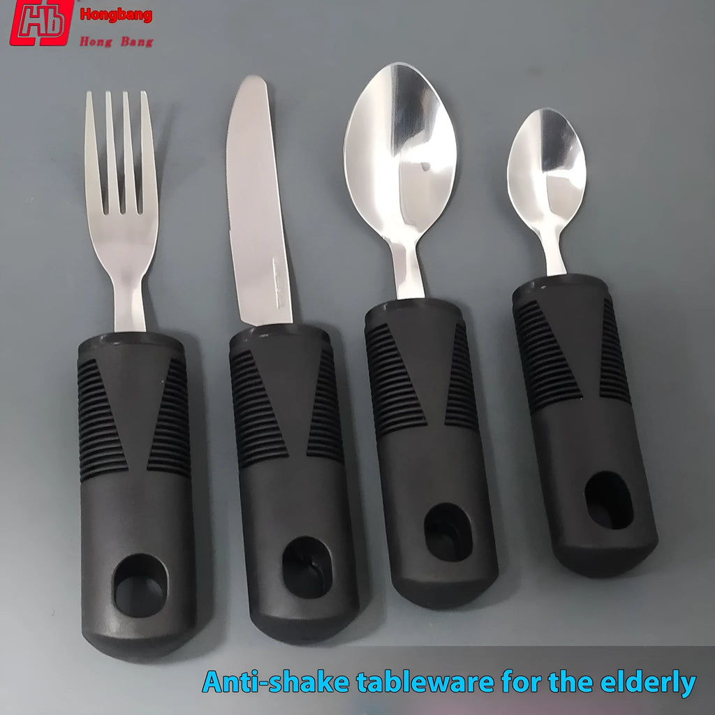 Stainless steel adaptive cutlery with rubber grip handles for elderly eating assistance and motor rehabilitation