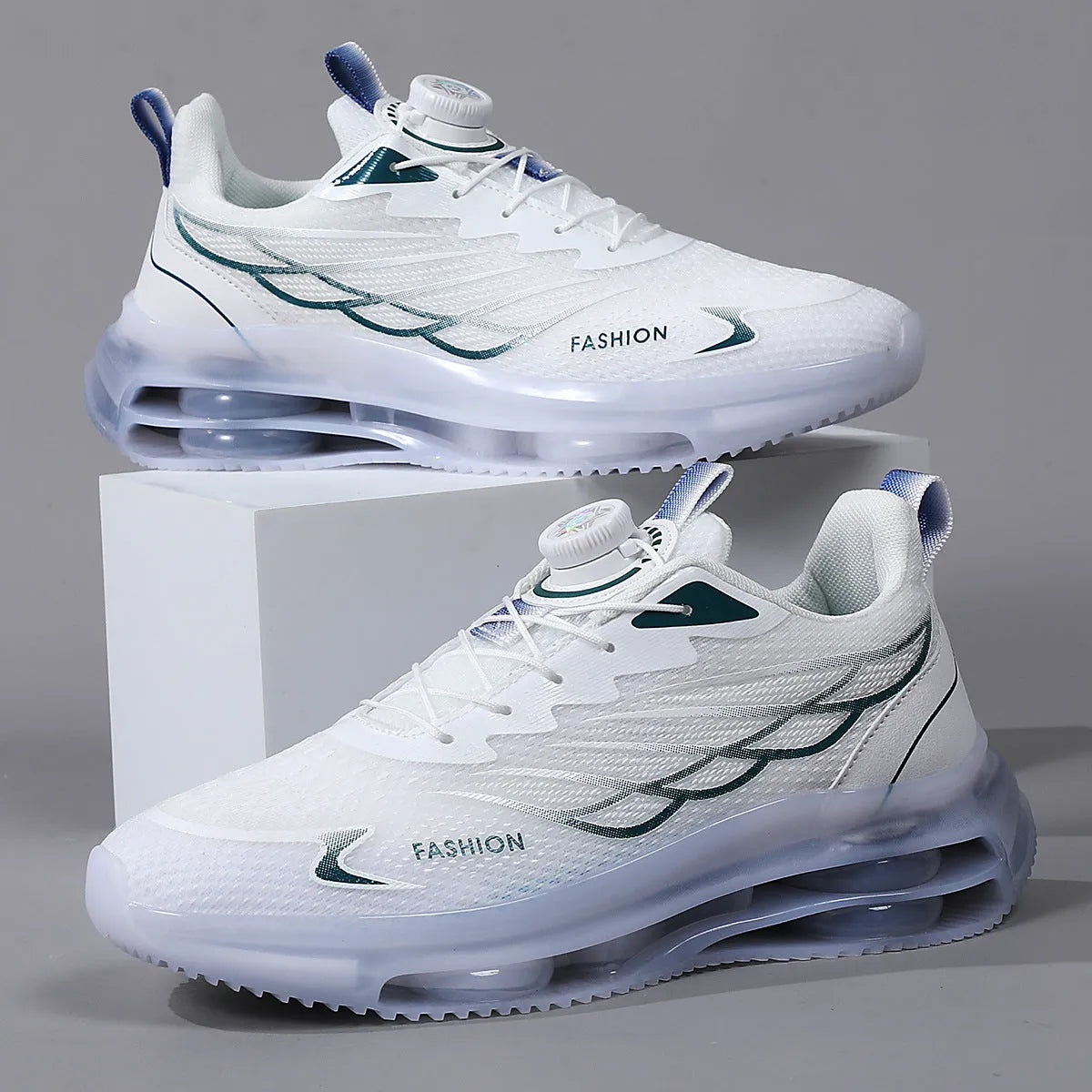 White rotating button casual shoes with mesh upper and rubber sole