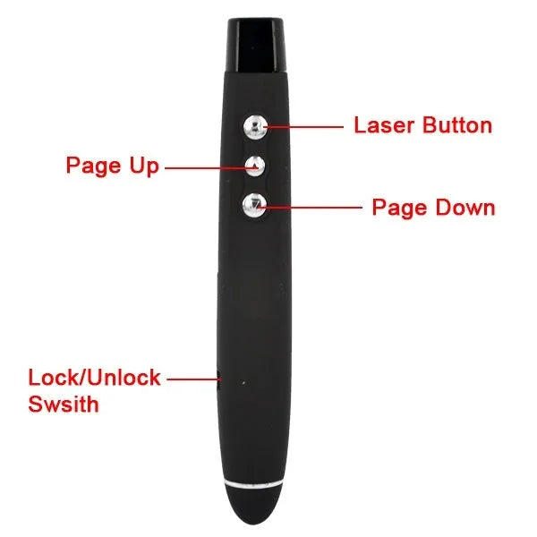 Wireless presenter remote in black molded plastic with USB receiver and red laser pointer
