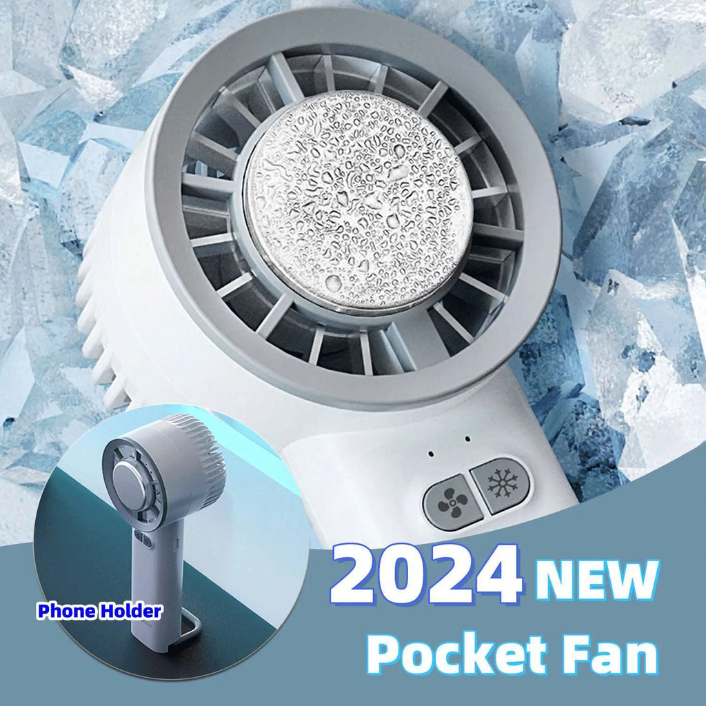 White handheld turbo fan with touch controls, showing compact duct design for personal cooling.