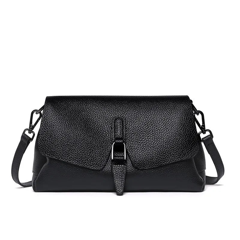 Women's soft first layer cowhide shoulder bag in black with adjustable strap and multiple pockets