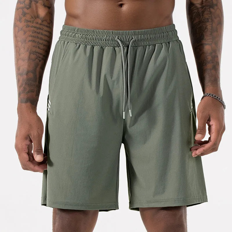 Men's black ice silk sports shorts with a drawstring high waist, shown on a manikin.