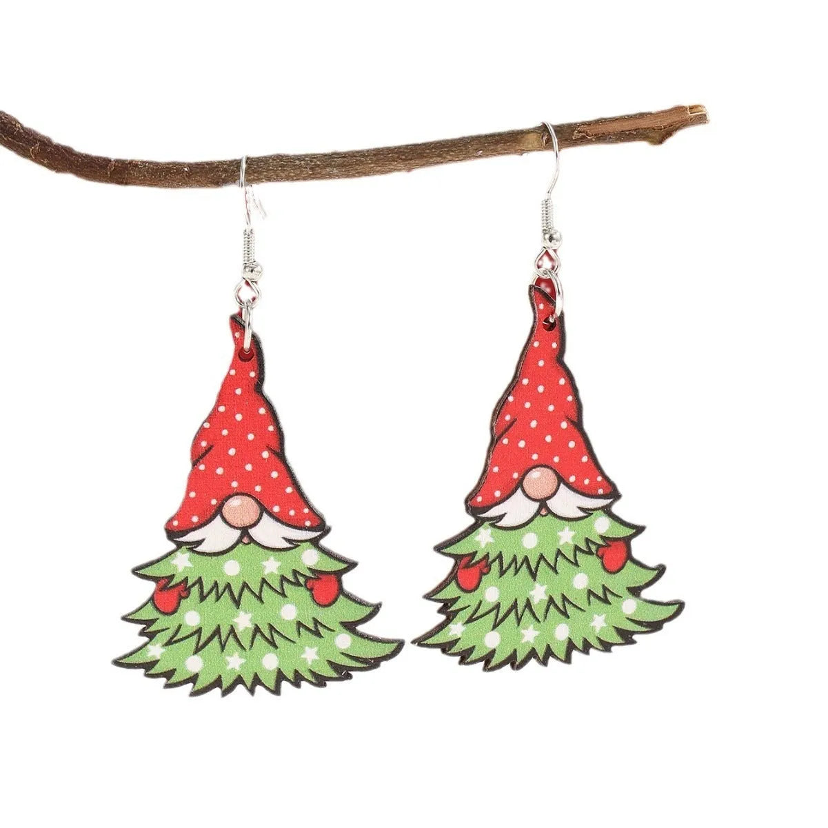 Wooden Christmas earrings with printed geometric designs featuring Christmas tree and snowman patterns