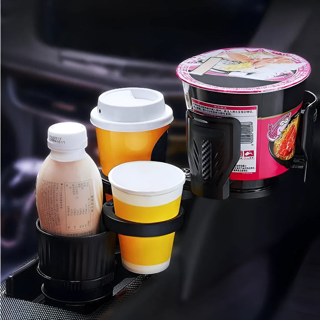 Black ABS car cup holder with retractable arms showing adjustable drink stabilisation mechanism