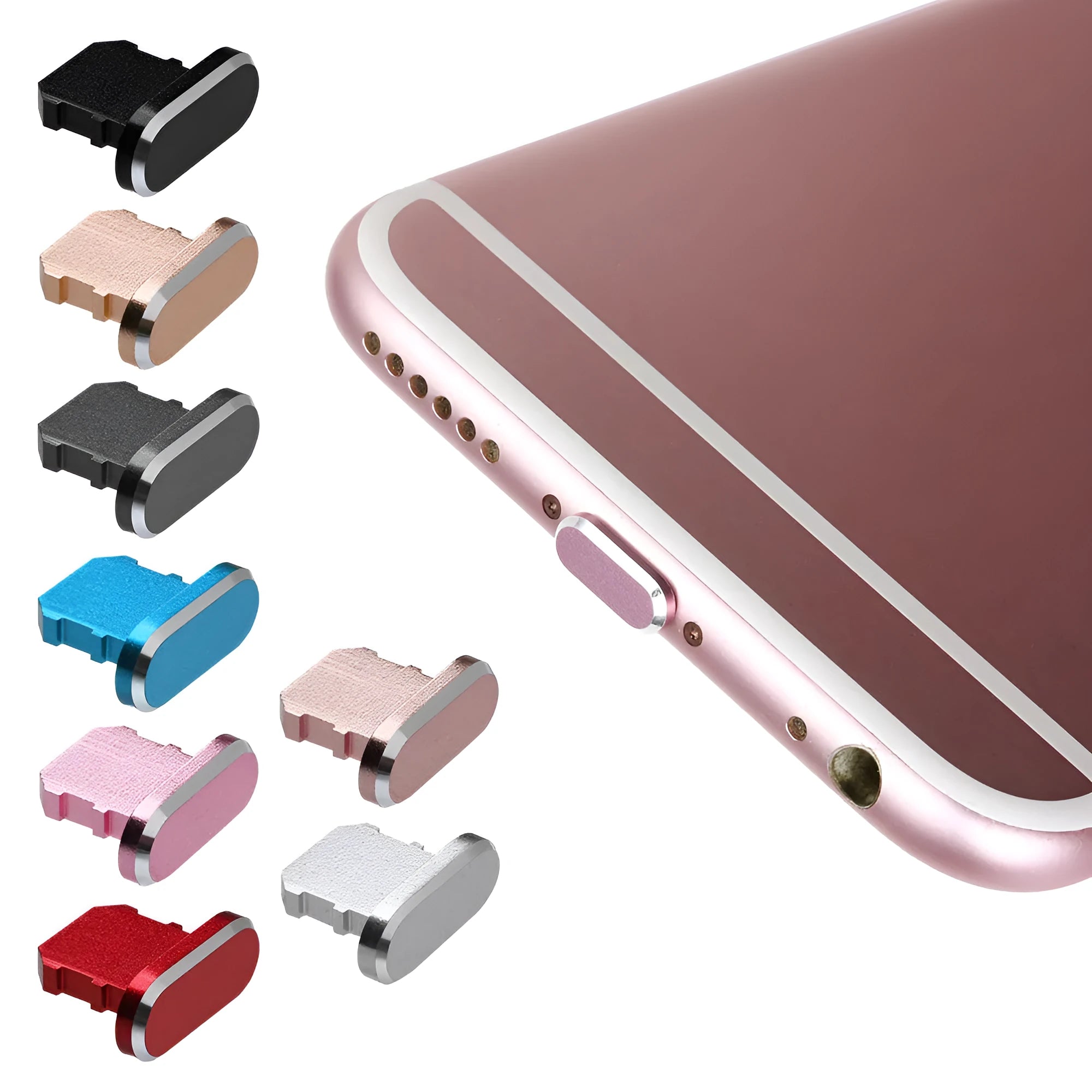 Aluminium alloy mobile phone charging port dust plug for iPhone, shown in multiple colours.