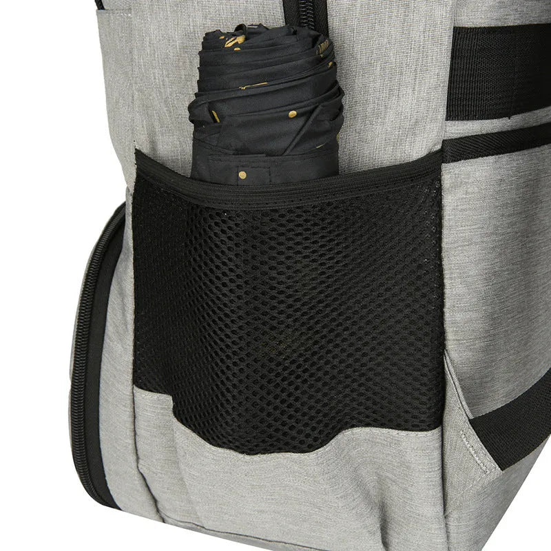 Light grey Oxford cloth insulated backpack with curved shoulder straps and top handle