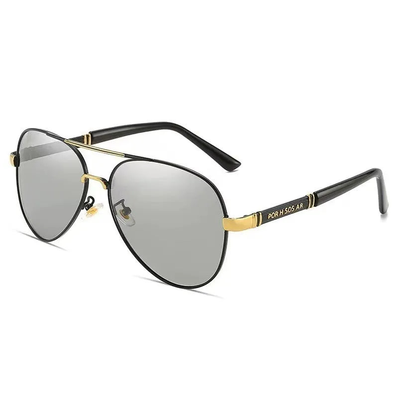 Men's polarised sunglasses with metal frame and interchangeable colour lenses for sun protection.