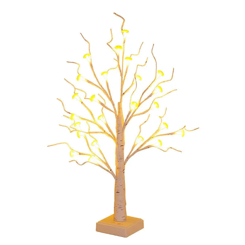 60 cm tall white Birch tree LED lamp with 24 small mushroom flower lights on plastic branches.