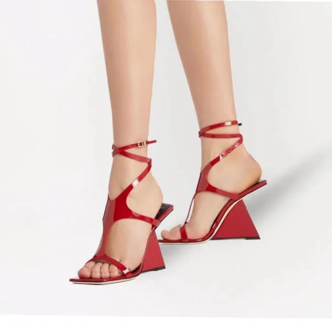 Women's black square-toe high heel sandals with a buckle fastening and 9.5cm block heel.