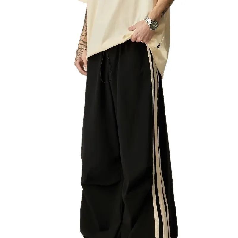 Black men's wide leg climbing pants with high waist and straight cut design