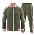 Men's khaki coloured polyester turtleneck zipper cardigan and matching trousers, a two-piece street style leisure suit.