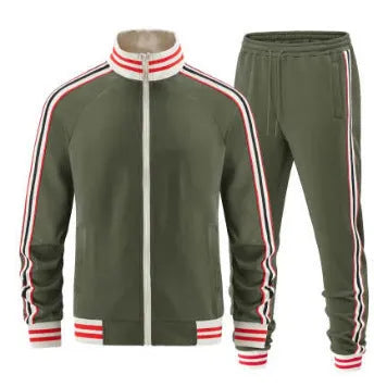 Men's khaki coloured polyester turtleneck zipper cardigan and matching trousers, a two-piece street style leisure suit.