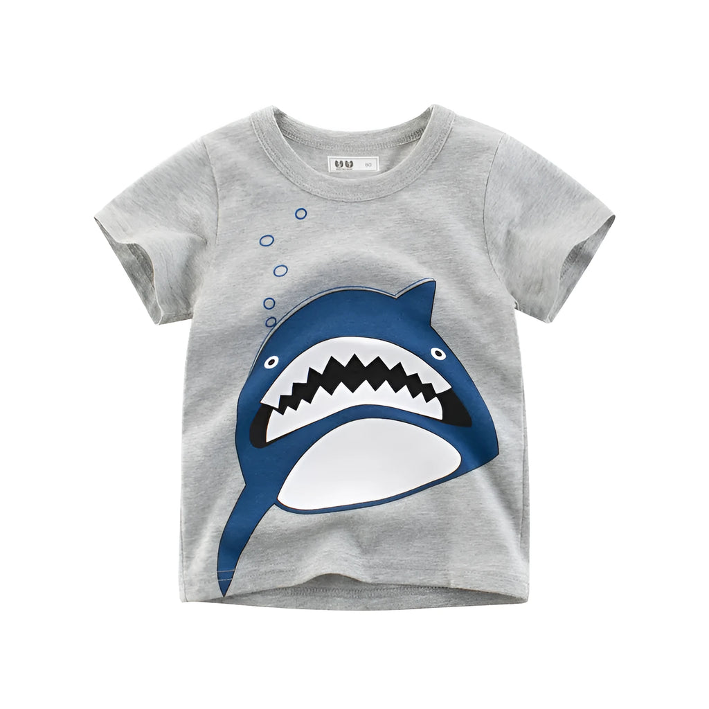 Grey children's cotton T-shirt laid flat, showing a size chart for measurements from 90cm to 140cm.
