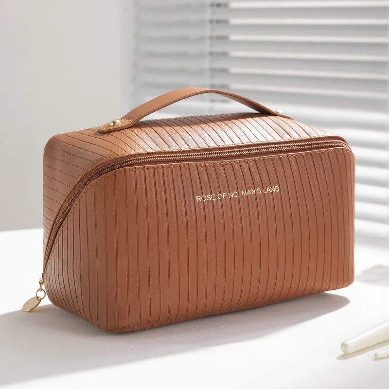 Vertical pattern pillow makeup bag cubic shape 22.5cm PU material beige black brown grey pink options