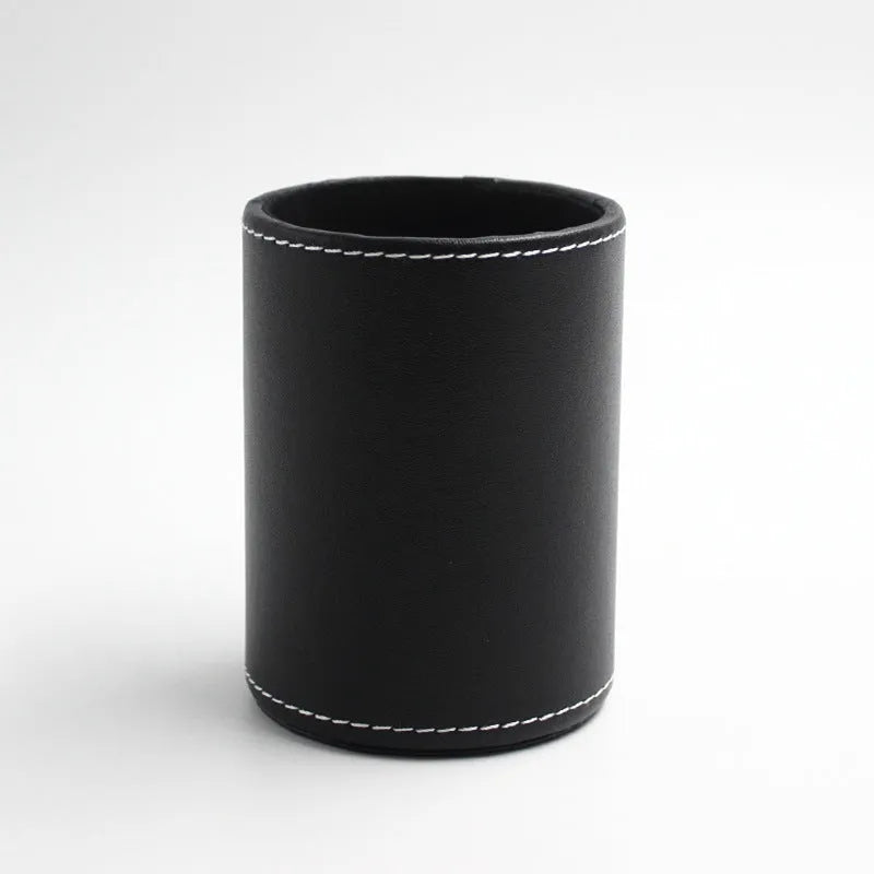 Round black leather pen holder with 8cm diameter and 10.8cm height cylindrical design