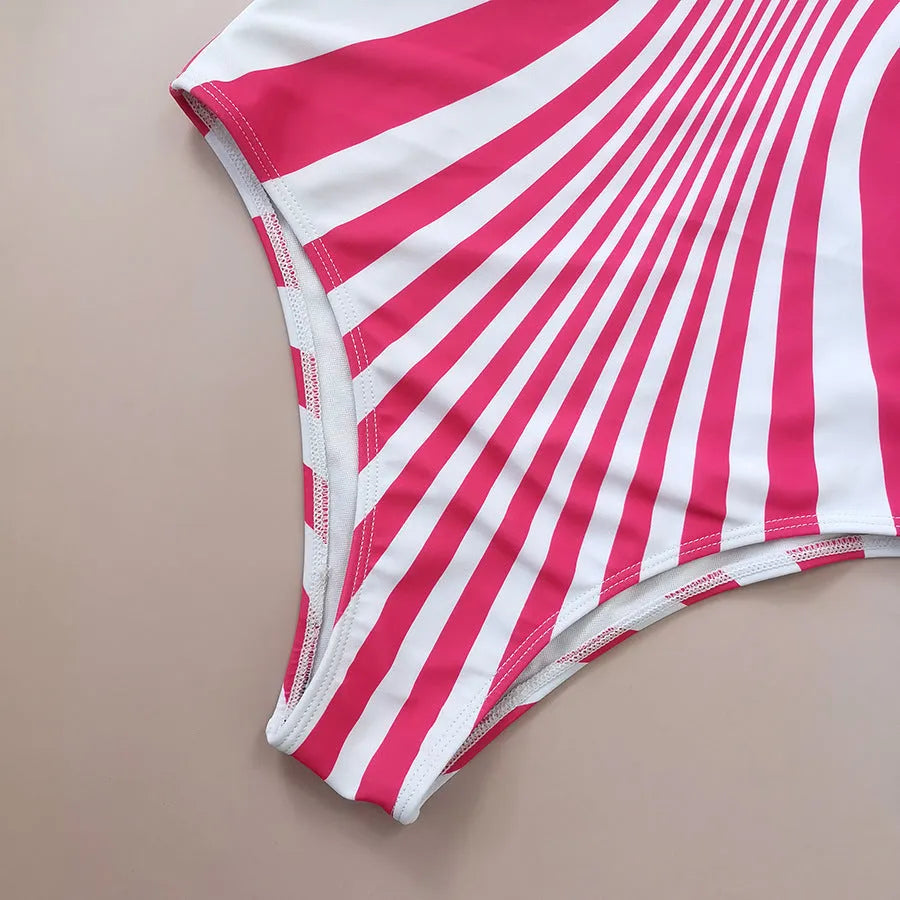 Pink striped one-piece swimsuit for women with front and rear digital print.