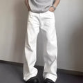 Men's loose fit straight wide leg white cotton denim jeans on a mid waist, showing zipper fly.