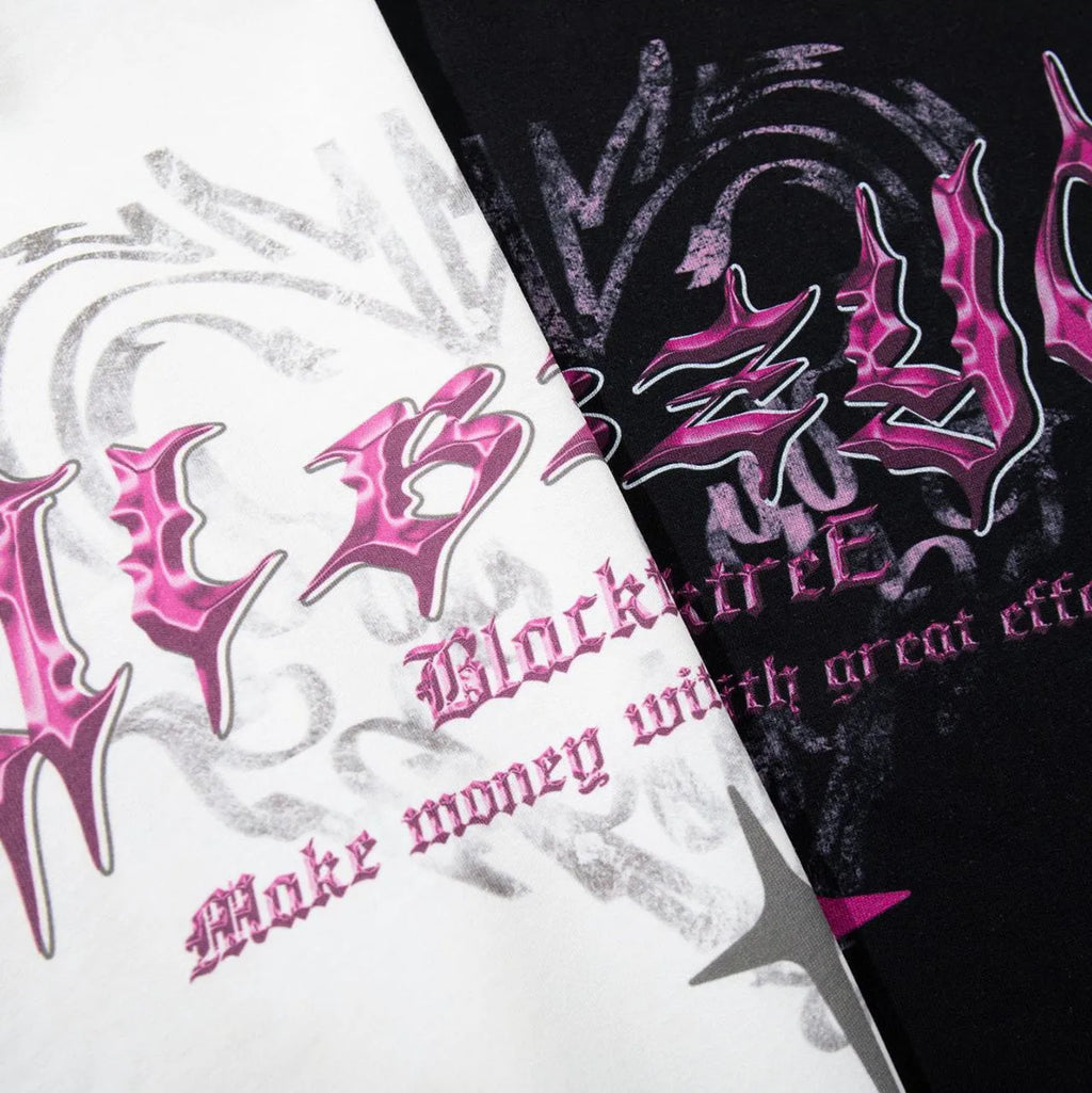 Men's black and white retro printed cotton T-shirt with short sleeves and loose fit