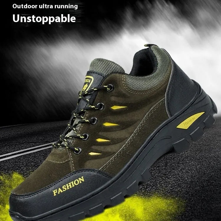 Men's mid-top hiking sneakers with suede upper, rubber sole, and front lace-up design in multiple colour options