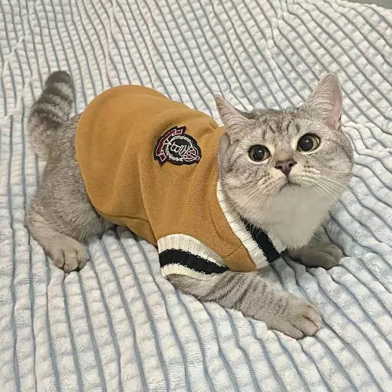 Silver college style winter coat for British Shorthair cat shown in blue duck colour option