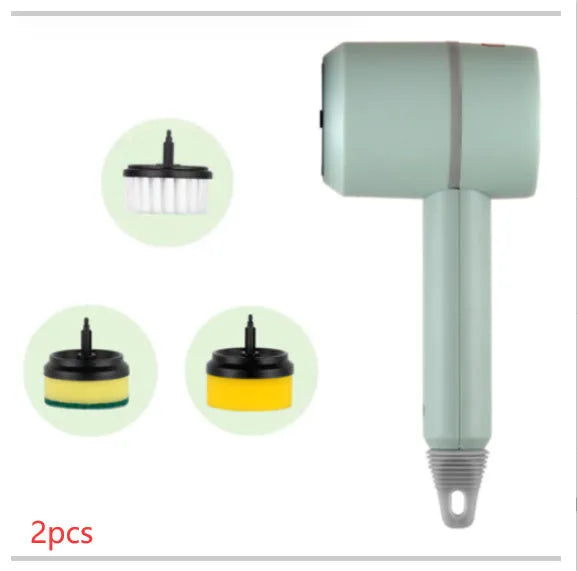 White rechargeable electric cleaning brush with multiple scrubber heads on a kitchen worktop.