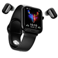 Black zinc alloy smartwatch with 1.69-inch touchscreen and Bluetooth earbuds in charging case.
