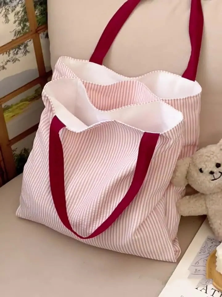 Canvas tote shoulder bag in plaid or striped pattern with 24cm strap