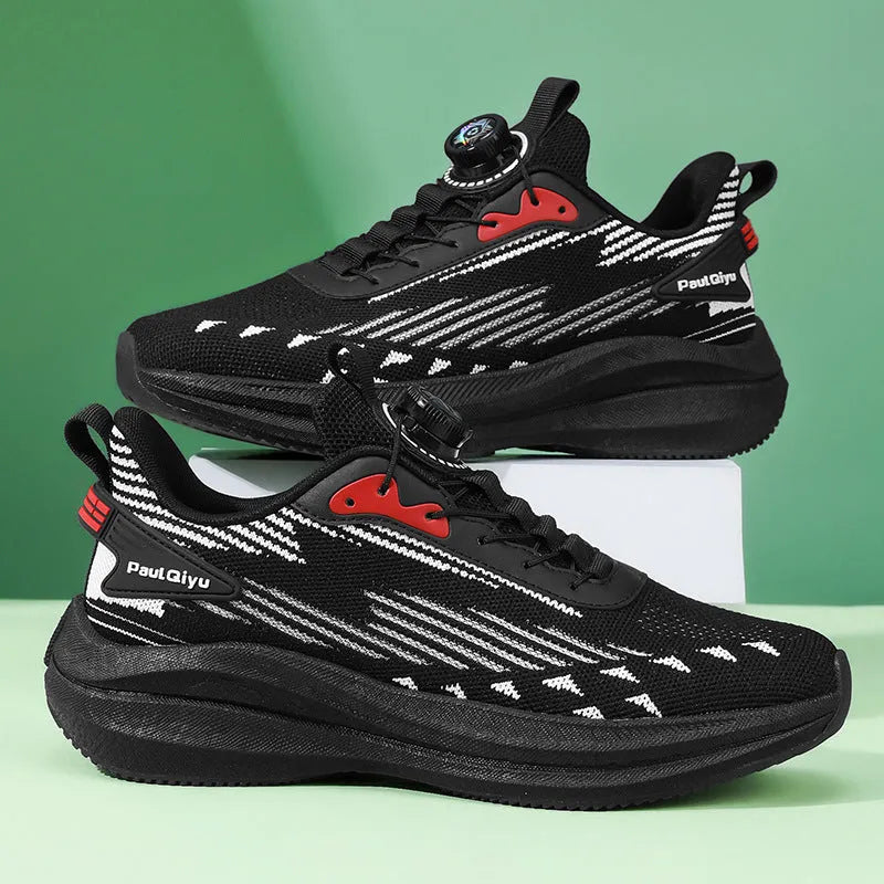 Men's white green rotating buckle running shoes with Fly-kit mesh upper and low-top design