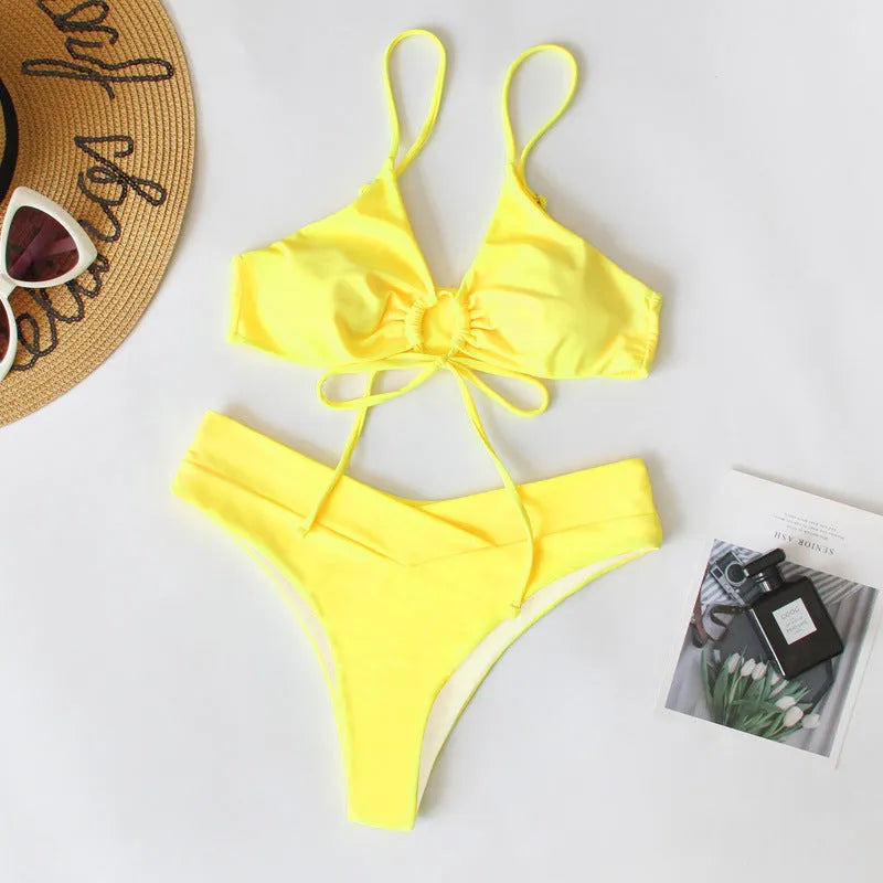 Women's swimsuit bikini with tied bow and split design in nylon fabric