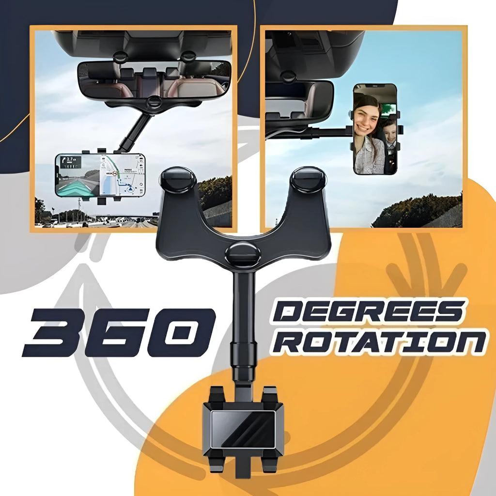 Black rearview mirror car phone holder with rotating head and telescopic arm extended.