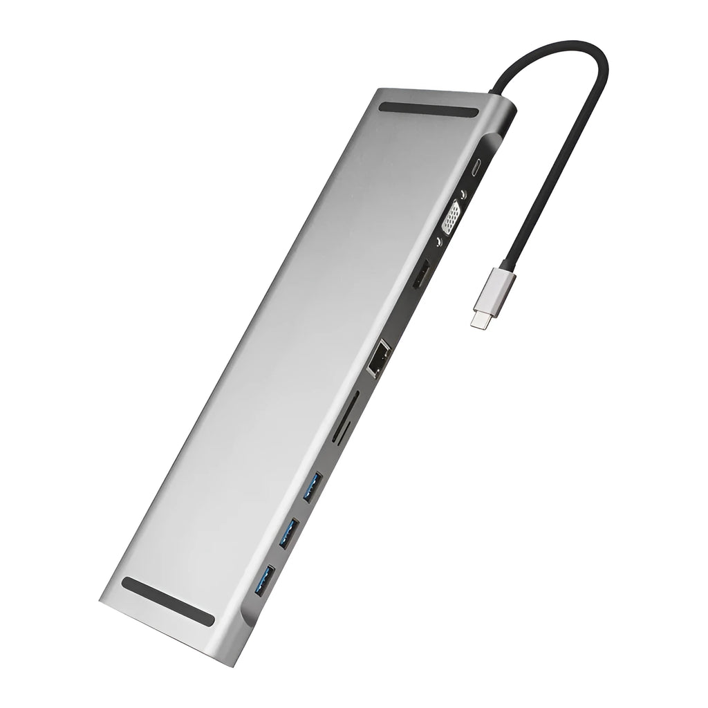 Grey 10-port USB-C docking station with aluminium cooling bracket showing HDMI, VGA, and Ethernet ports