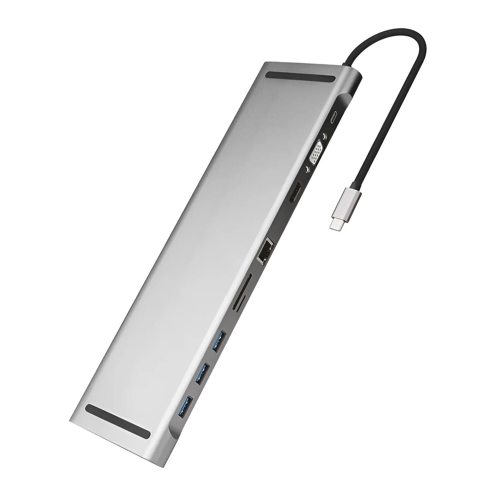 Grey 10-port USB-C docking station with aluminium cooling bracket showing HDMI, VGA, and Ethernet ports