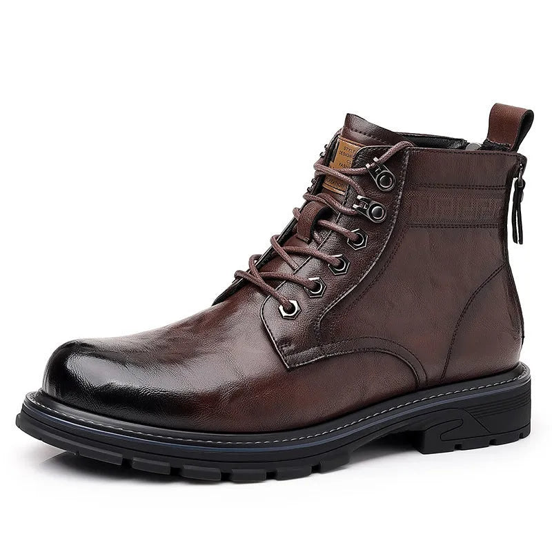 Men's black Martin leather ankle boots with square heel and high shaft on rubber sole