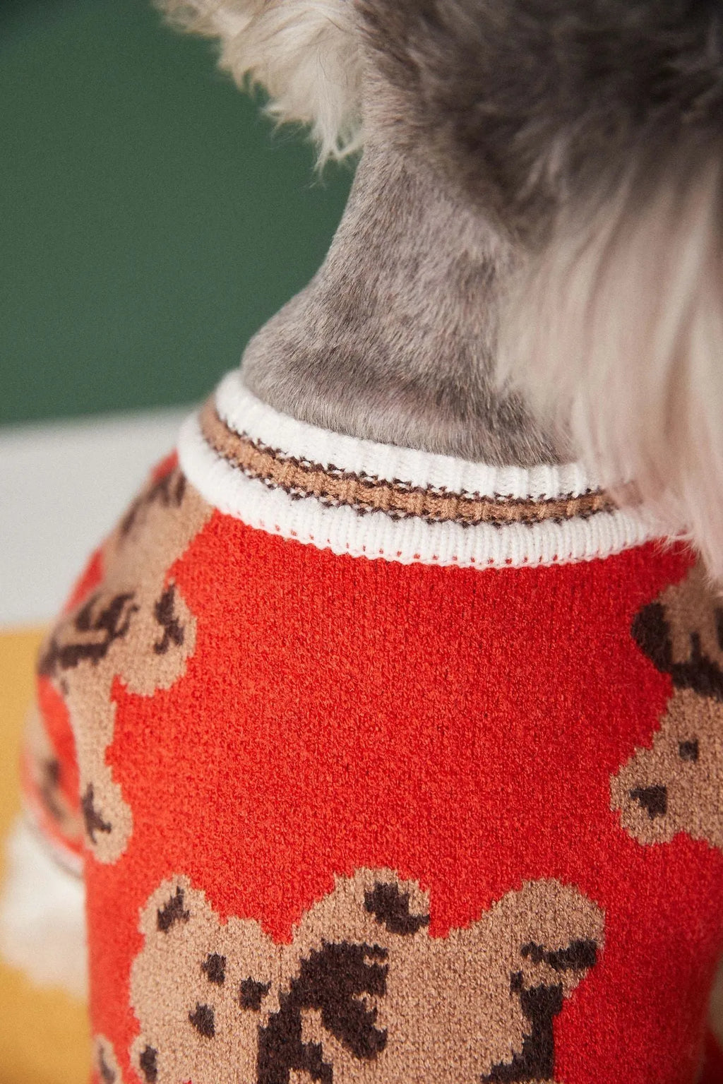 Preppy style wool striped pet sweater for dogs cats in beige colour with V-neck and leash hole on back