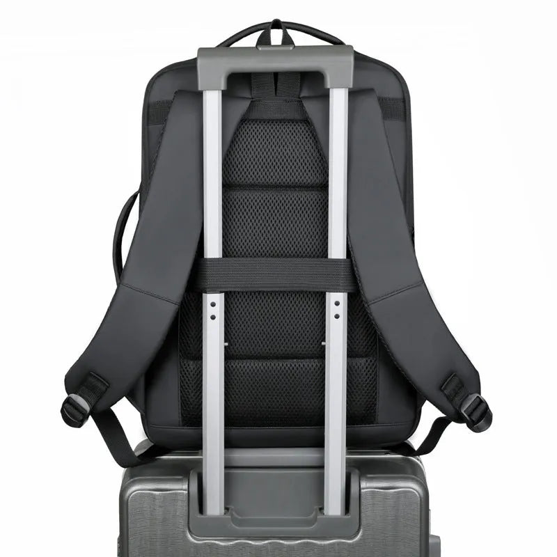 Black waterproof Oxford cloth backpack with Derm leather details and curved shoulder strap