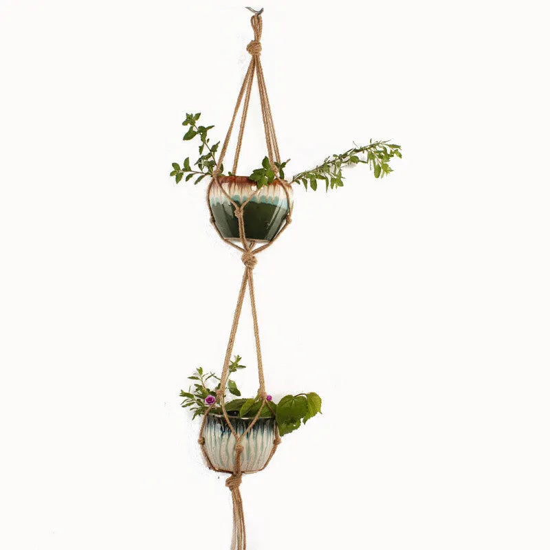 Woven wire plant basket in natural cotton rope, shown as a desktop and hanging planter.