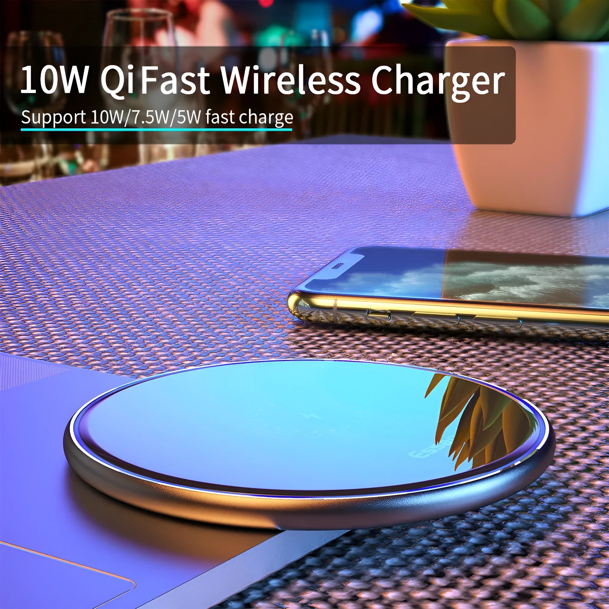 Black aluminium wireless charging pad with LED light and phone positioned for Qi charging