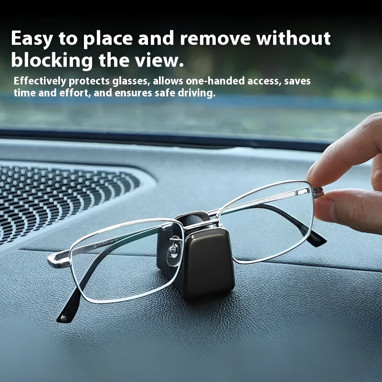 Zinc alloy car dashboard sunglasses holder with leather strap in black, green, grey, or red.
