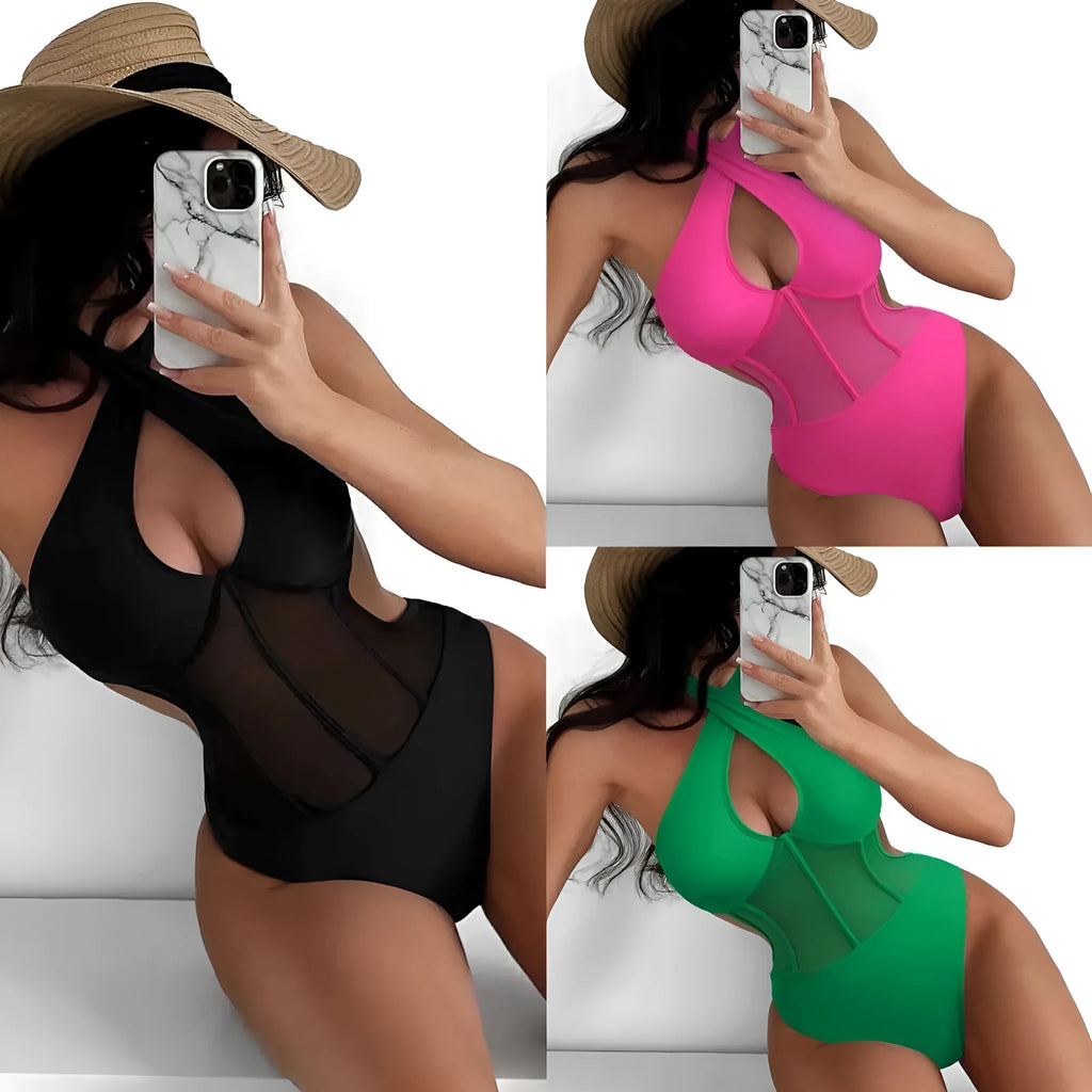 Women's black one-piece swimsuit made from nylon and spandex fabric on a mannequin.