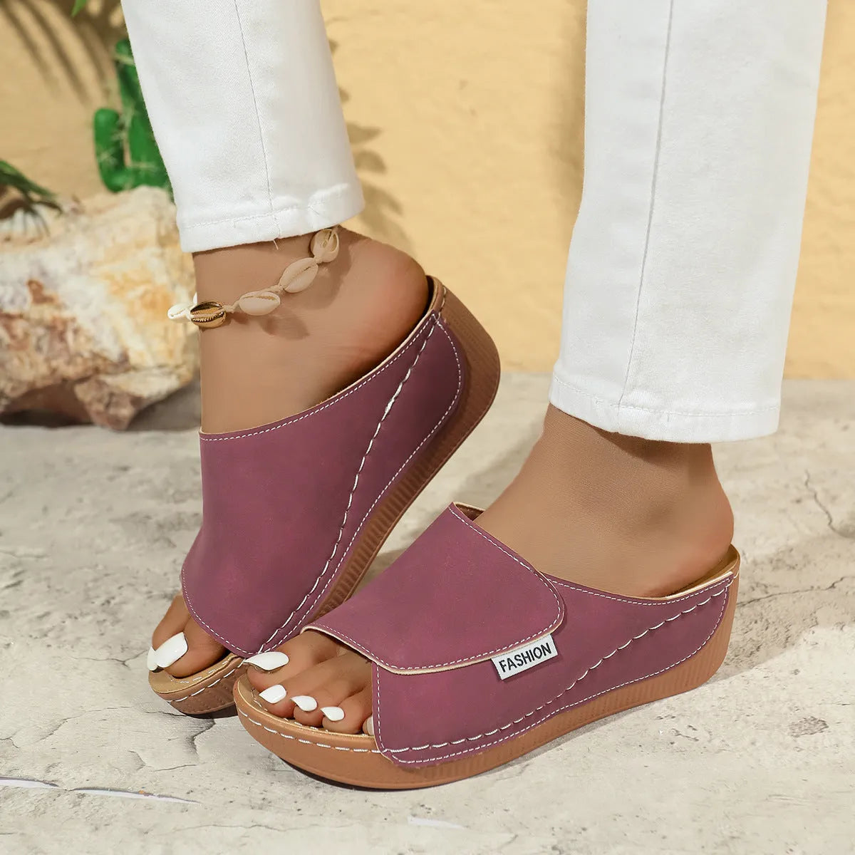 Women's wedge slippers sandals with fish mouth open toe and thick brown sole