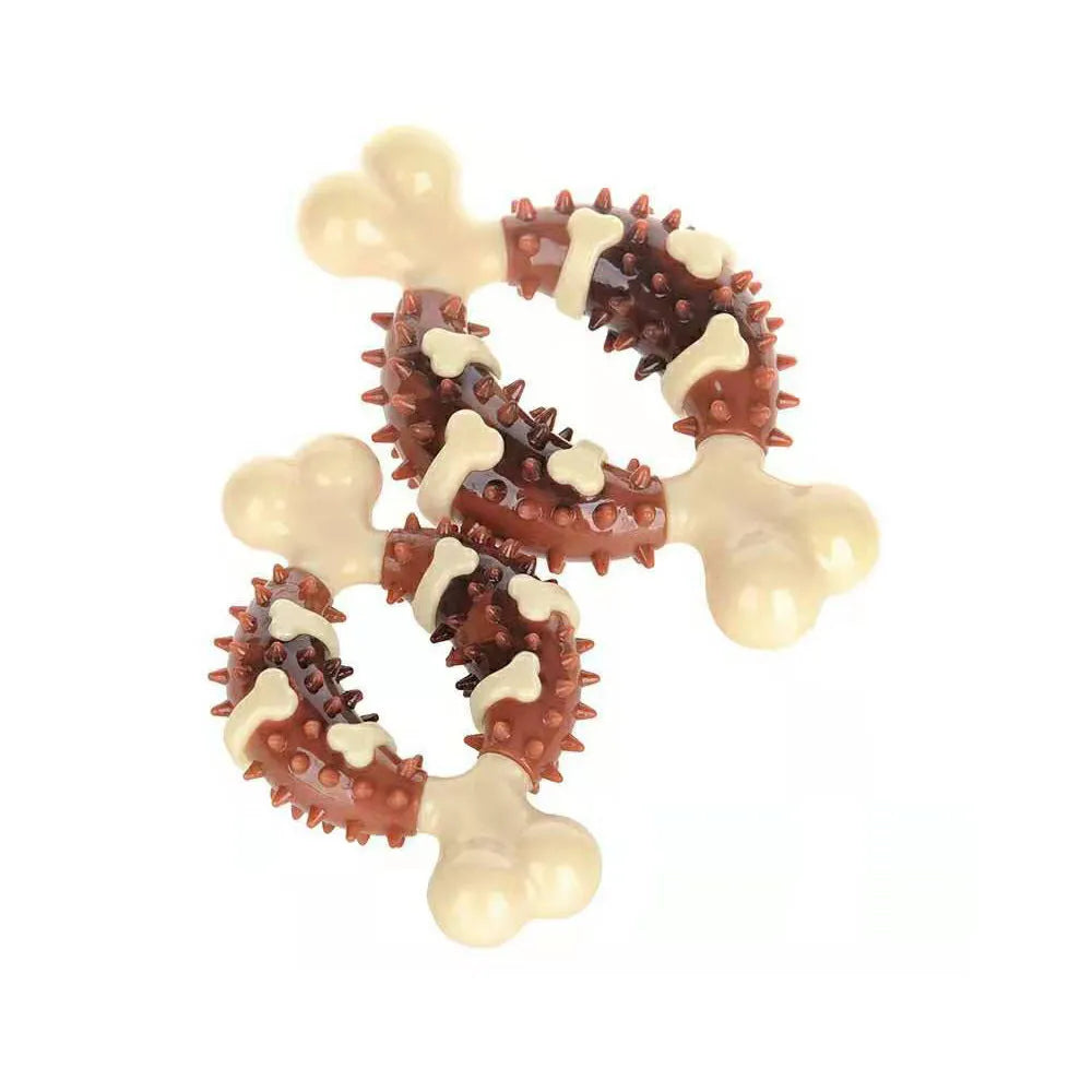 Natural rubber bone-shaped dog chew toy for dental health.