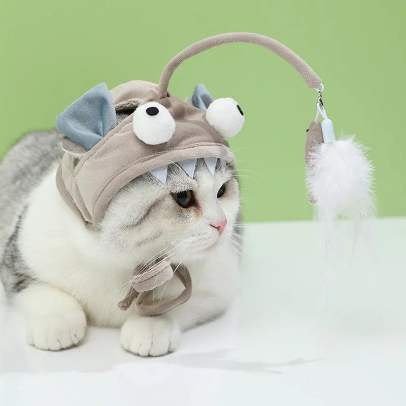 Grey big eye fish design cat toy with feather head teaser and adjustable neckband