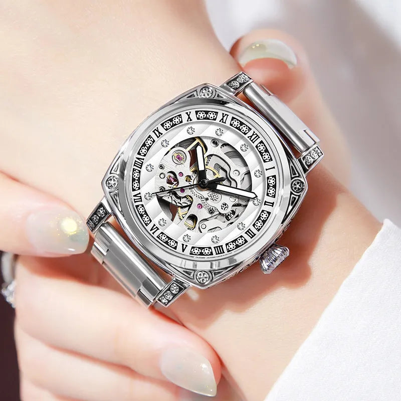 Mechanical wristwatch with luminous hands on leather strap in choice of colours