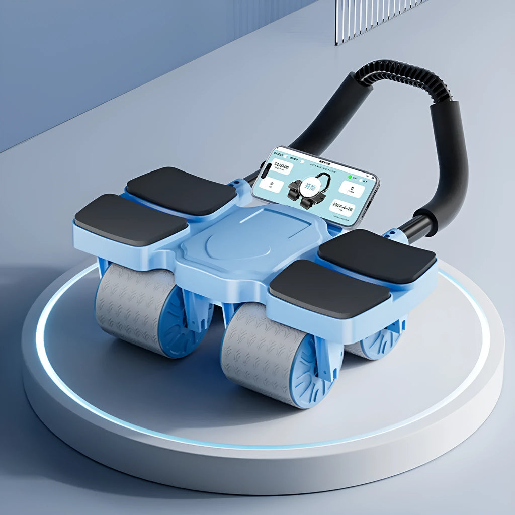 Automatic rebound abdominal exercise wheel with four wheels in black, blue, and orange colours