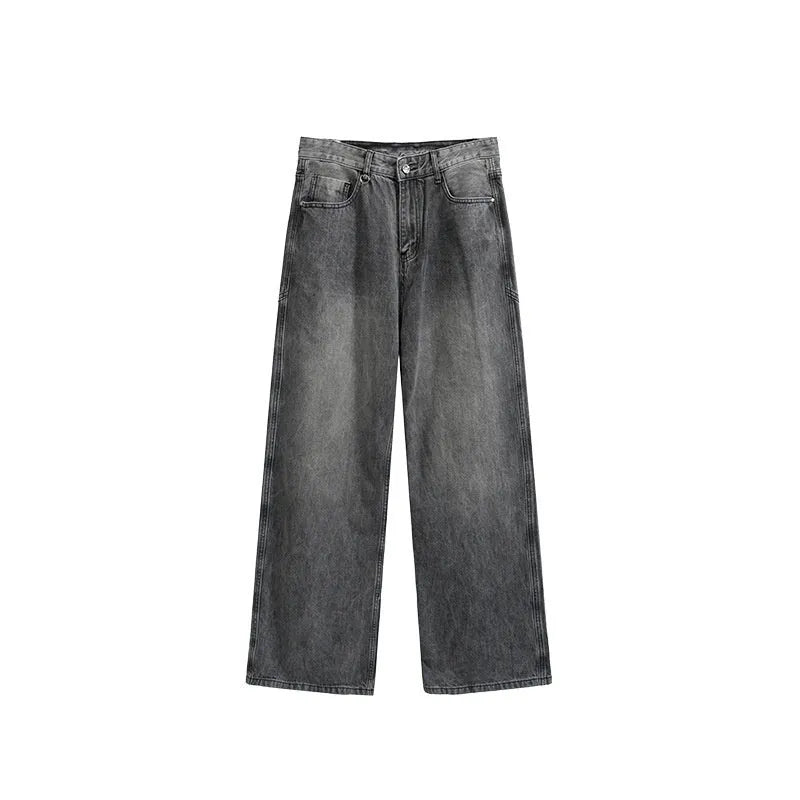 Men's wide leg jeans in washed denim with straight leg cut and mid waist design
