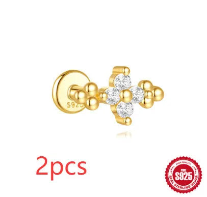S925 sterling silver geometric moon and star earrings with diamond accents in gold tone.